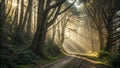 Mystic forest path sunlight through mist Royalty Free Stock Photo