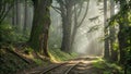 Mystic forest path sunlight through mist Royalty Free Stock Photo