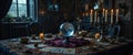 Mystic Fortune Telling Table with Crystal Globe and Tarot Cards Royalty Free Stock Photo