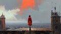 Mystic girl stands on a rooftop of an old building