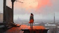 Mystic girl stands on a rooftop of an old building