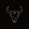 Mystic Golden Bull Skull in a Trendy Liner Minimal Style. Vector Boho illustration of Magic Cow Head with Stars