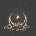 Mystic half-moon on clouds and guiding pole star, magic crescent in tarot style, esoteric and astrology symbol