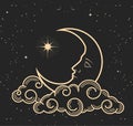 Mystic half-moon with face sleeps on clouds, crescent and guiding pole star, tarot style magic astrology symbol