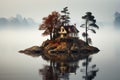 Mystic House island foggy lake. Generate Ai