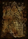 Mystic illustration with alchemical symbols, skull, fire pentagram and laboratory equipment on texture background Royalty Free Stock Photo