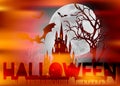 Mystic illustration, dark orange background on a spooky full moon background with silhouettes of characters and scary bats