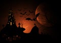 Mystic illustration, dark orange background on a spooky full moon background with silhouettes of characters and scary bats