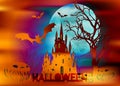 Mystic illustration, dark orange background on a spooky full moon background with silhouettes of characters and scary bats