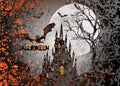 Mystic illustration, dark orange background on a spooky full moon background with silhouettes of characters and scary bats