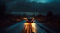 Mystic Journey: Car on a Foggy Road at Night. Generative ai