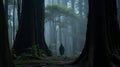 Mystic Journey: Cloaked Wanderer in Japan\'s Ancient Misty Woods