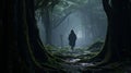 Mystic Journey: Cloaked Wanderer in Japan\'s Ancient Misty Woods