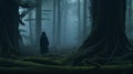 Mystic Journey: Cloaked Wanderer in Japan\'s Ancient Misty Woods