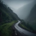 Mystic Journey through a foggy Mountain Pass with a winding road