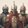 Mystic knight portraits in metal armor. Occult scary knights in medieval alchemy art style.