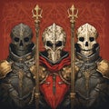 Mystic knight portraits in metal armor. Occult scary knights in medieval alchemy art style.