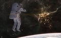 Mystic Mountain of Carina Nebula. Astronaut, planet landscape, deep space. Science fiction