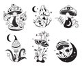 Mystic mushrooms. Celestial witchy mushroom with outline mystical elements, moon phase esoteric stars sakral gothic
