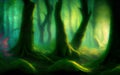 Mystic night forest with shining light. Generative Al Illustration Royalty Free Stock Photo