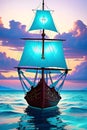 A mystic pirate ship drift on the enchanting turquiose water of magical realm, beautiful sky amd clouds