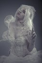 Mystic Queen. Beautiful Model With Long White Hair And Vintage C