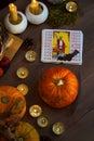 Mystic ritual with tarot cards, fortune telling. Halloween concept, black magic