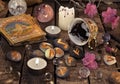 Mystic still life with coffee grounds, tarot cards and stone runes. Royalty Free Stock Photo