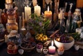 Mystic still life with herbs, bottles, candles and flasks