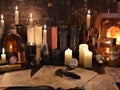 Mystic still life with magic objects, books and candles