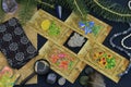 Mystic still life with tarot cards, conifer branch and crystals on witch table