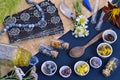 Mystic still life with tarot cards, elixir bottle and ingredient for potion on witch table. Alternative medicine concept