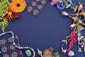 Mystic still life with tarot cards, pentagram, flowers and empty space on witch table