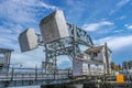 .Iconic Mystic River Bascule Drawbridge with all its mechanical parts are exposed against a beautiful