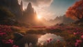 Mystic Valley at Sunrise with Vivid Flora Royalty Free Stock Photo