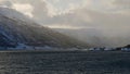 Mystic view over Langfjordbotn, Troms og Finnmark, Norway located at Langfjord with small church located on a peninsula.