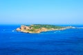 View from Tremiti Islands at a green-topped island, motorboats, Adriatic Sea