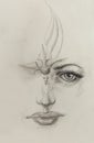 Mystic woman face. pencil drawing on paper.