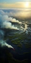 Mystical Aerial Imagery: Smoke Flowing From River To Coast