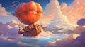Mystical Airship. Peach Fuzz Blimp Soaring Through Pastel-Colored Clouds and Empty Space