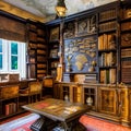 Mystical Alchemists Den: A study room with old books, antique maps, and mystical artifacts inspired by alchemy and magic3, Gener
