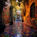 Mystical alleyway adorned with colorful tiles leading to a secret garden Royalty Free Stock Photo