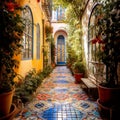 Mystical alleyway adorned with colorful tiles leading to a secret garden Royalty Free Stock Photo