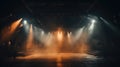Mystical ambiance on an empty stage with radiant scenic lights and swirling smoke, ample copy space