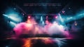 Mystical ambiance on an empty stage with radiant scenic lights and swirling smoke, ample copy space