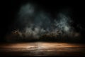 Mystical ambiance: Wooden table, rising smoke, dark wall background