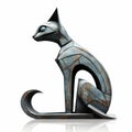 Mystical Ancient Cat Sculpture: Graphic Style, Dark Bronze And Light Azure Royalty Free Stock Photo