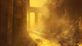 Mystical ancient temple corridor in golden hues, sunbeams penetrating the dust. atmospheric historical background. ideal