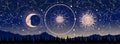 Mystical astrology banner, wheel with zodiac signs on the background of a night landscape, esoteric fortune telling Royalty Free Stock Photo