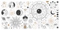 Mystical astrology, boho celestial and magic occult elements. Sacred mystic moon, sun, star, zodiac symbols and Royalty Free Stock Photo